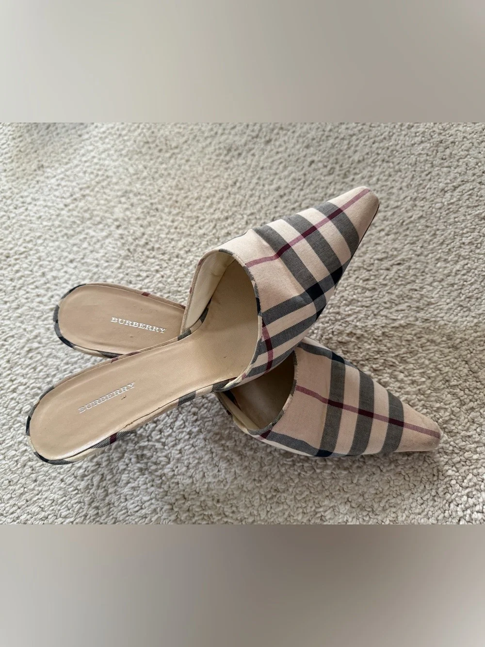 Burberry Check Pointed-Toe Slip-On Mules in Beige and Black